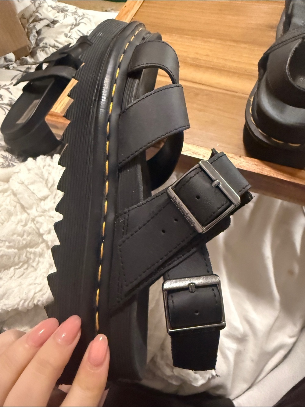 Dr. Martens Voss II Black Platform Sandals with Yellow Stitching - Air Wair - Picture 6 of 11